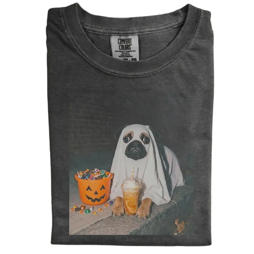 Funny Pug Ghost Costume Comfort Colors T-Shirt, Vintage 90s Halloween Dog Graphic Tee, Retro Spooky Trick or Treat Design, Unisex Fit Design, Gift for Dog Lovers