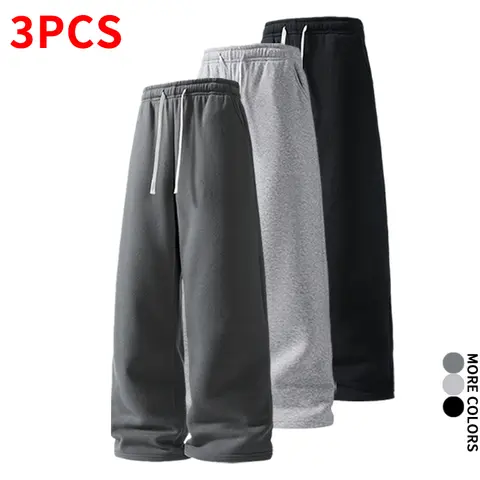 Men's 3-Pack Elastic Waist Sweatpants - Polyester, Solid Color, Loose Fit, Wide Drapey Legs, Drawstring, All Season Pants for Home, Casual Wear