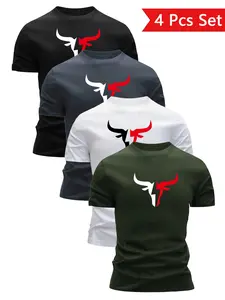 4-Pack Men's Bull Print Short Sleeve T-Shirts, Lightweight Round Neck, Relaxed Fit, Quick-Dry Breathable Sweat-Wicking, Summer Casual Gifts