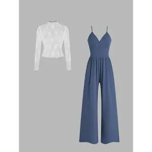 Two piece set of women's solid color lettuce trimmed stand up collar transparent lace top and pocket wide leg jumpsuit, elegant, fashionable and casual two-piece set, suitable for daily outdoor wear, spring and autumn women's clothingRAIMENTRY