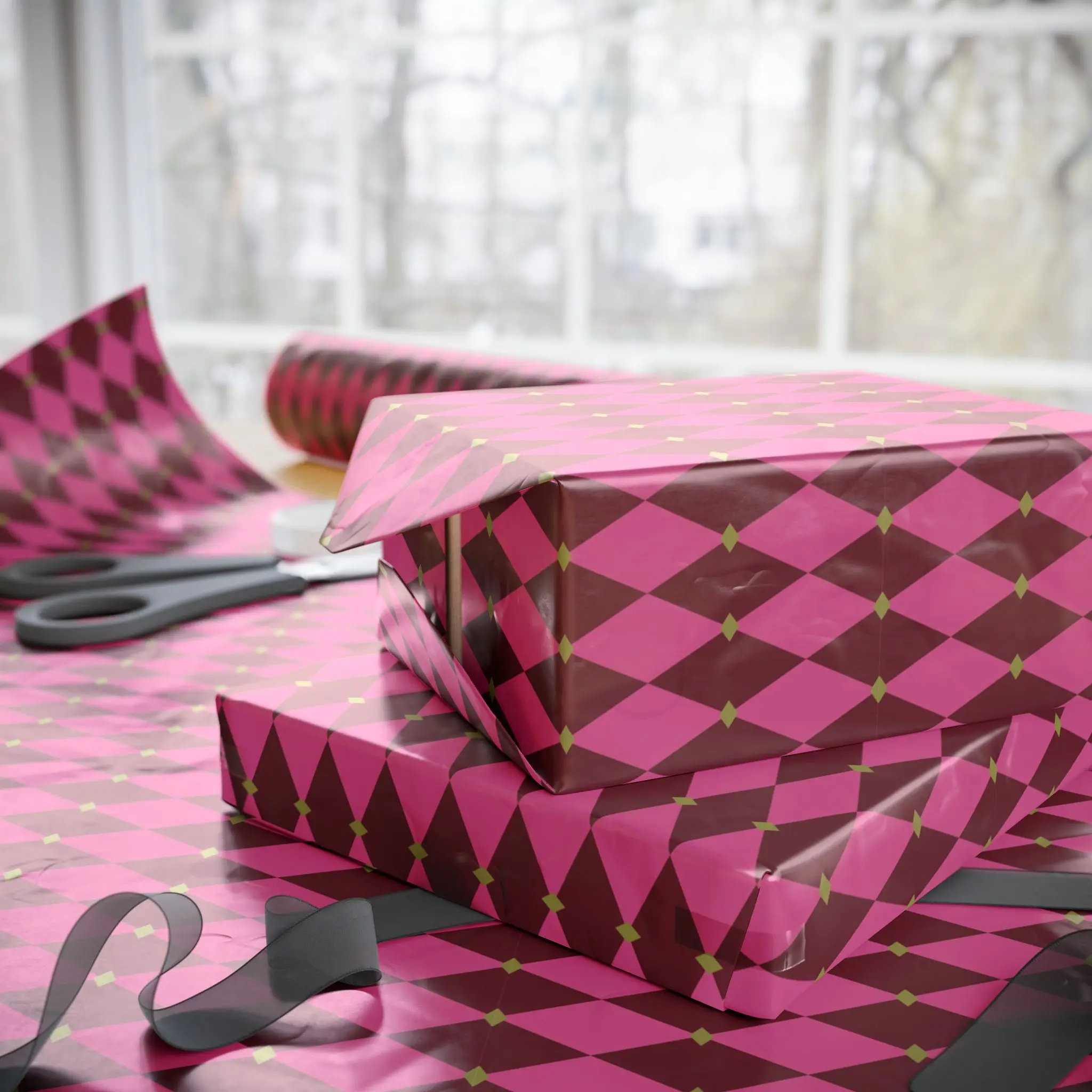 Pink Harlequin Checkered Wrapping Paper - Gloss/Matte Finish Elegant Luxury Wrapping Paper for Birthday Gift Wrapping Needs, Wrap Gifts