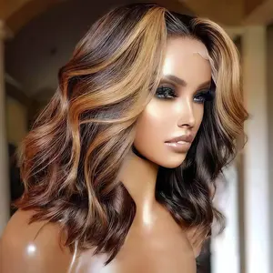 Highlight Brown Blonde Colored Bob Wig Human Hair 13x4 HD Lace Front Wigs Human Hair Pre-Plucked Hairline Frontal Short Body Wave Bob Wigs For Black Women Human Hair Ombre Brown Honey Blonde P4/27 Loose Wave Hairstyle