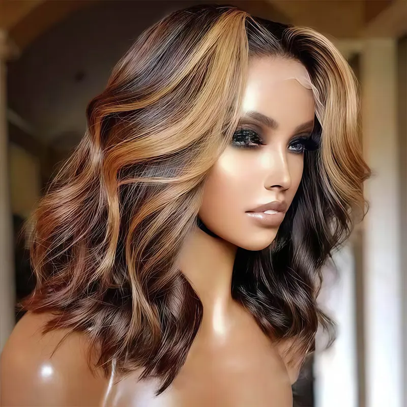 HANA HAIR Female 13x4 HD Lace Front Wig Human Hair - 21-23.5 Inches Ombre Brown P4/27 Honey Blonde Glueless Wig, Pre-Plucked Hairline, Medium Size, Loose Wave Bob for Daily Wear