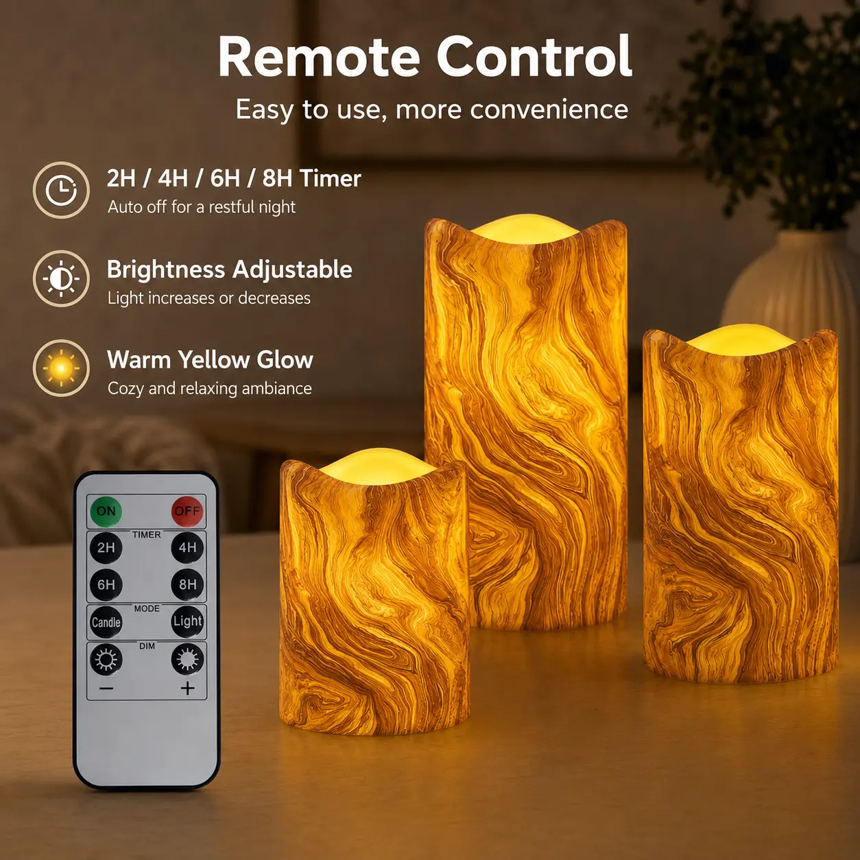 Flameless LED Candles with Remote, Natural Wood Grain Pattern Candle Lights, Battery Operated Warm Glow Candles with Timer & Dimming for Rustic Home Decor