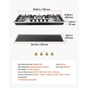 VEVOR 30-inch Gas Cooktop, 5 Burners Built-in Gas Stove Top, Max 12250BTU NG/LPG Convertible Stainless Steel Natural Gas Hob, with Thermocouple Protection for Camping, RV, Apartment