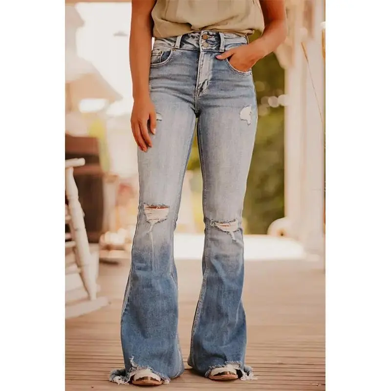 Women'sNewBlueRippedFlaredJeansWashedVintageDenimPantsforWomenlightwash