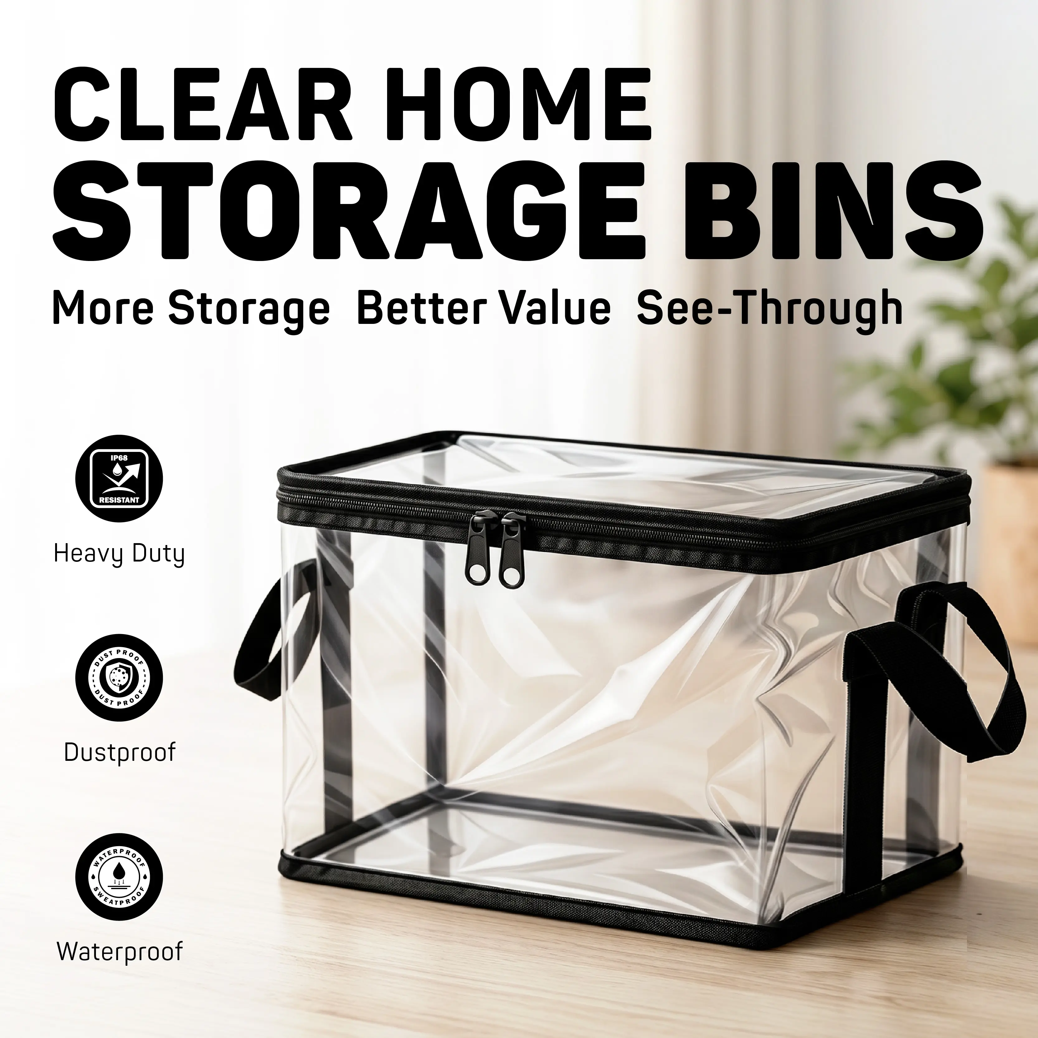 Clear PVC Storage Bag with Reinforced Handles, Double Zipper, Waterproof Dustproof Organizer Bin for Blankets, Closet, Home Organization