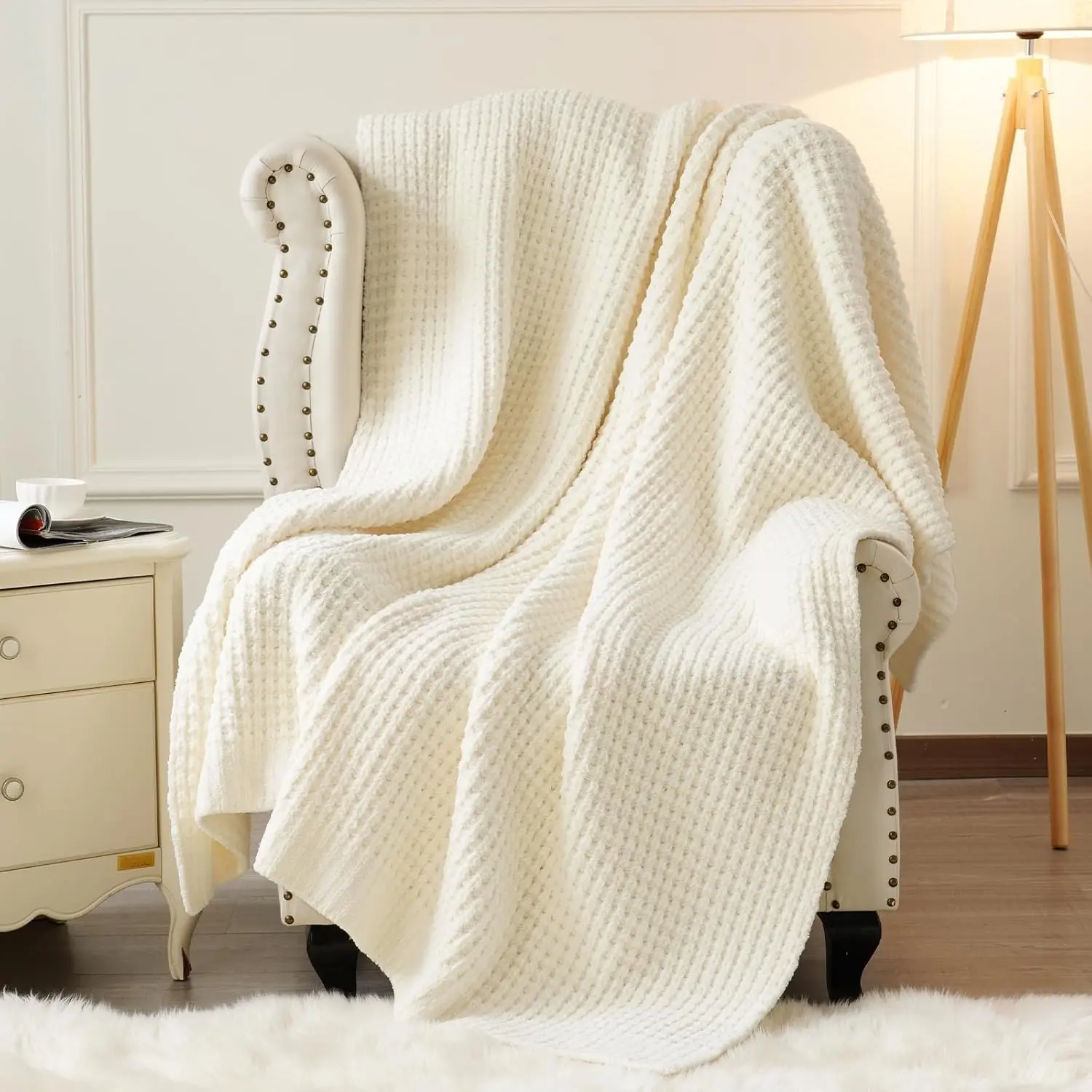 Chenille Waffle Knit Throw Blanket- Plush Warm & Cozy 50" x 60" Ultra Soft Blanket- Chunky Fluffy Waffle Throws for Couch Bed Sofa - Cream