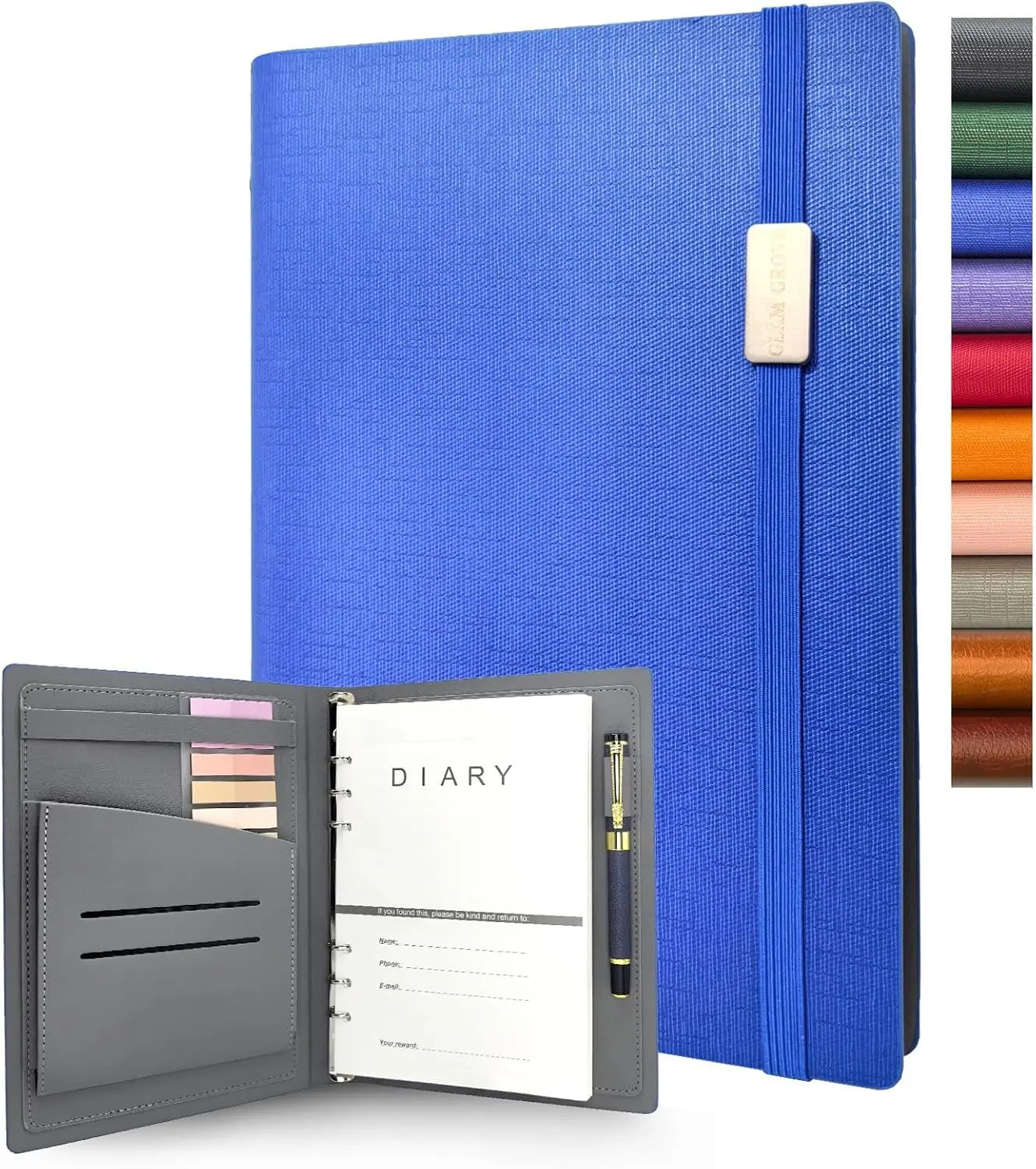 A5 Refillable 6-Ring Design Binder Notebook - Elegant Hardcover, 160 Pages 100G Thick Paper, Elastic Band, Pen Loop, Pockets, Metal Snap Closure, 180° Lay-Flat Design - Ideal for Work, School (Blue)