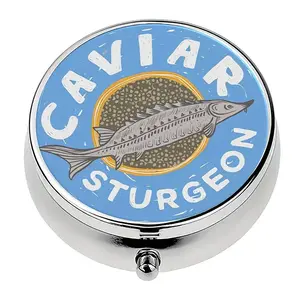 Vintage Sturgeon Caviar Design Pill Box, Portable Pocket Purse Case, Double Compartment Medicine Organizer, Vitamin Organizer, Supplement Organizer, Jewelry Storage Box