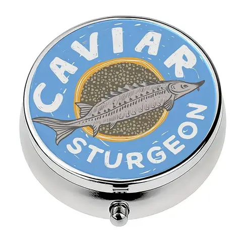Vintage Sturgeon Caviar Design Pill Box, Portable Pocket Purse Case, Double Compartment Medicine Organizer, Vitamin Dispenser, Supplement & Jewelry Storage Box