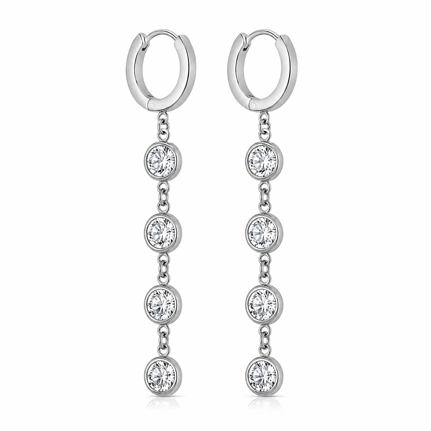 Stainless Steel CZ Drop Earrings – Long Dangle Huggie Hoop Earrings