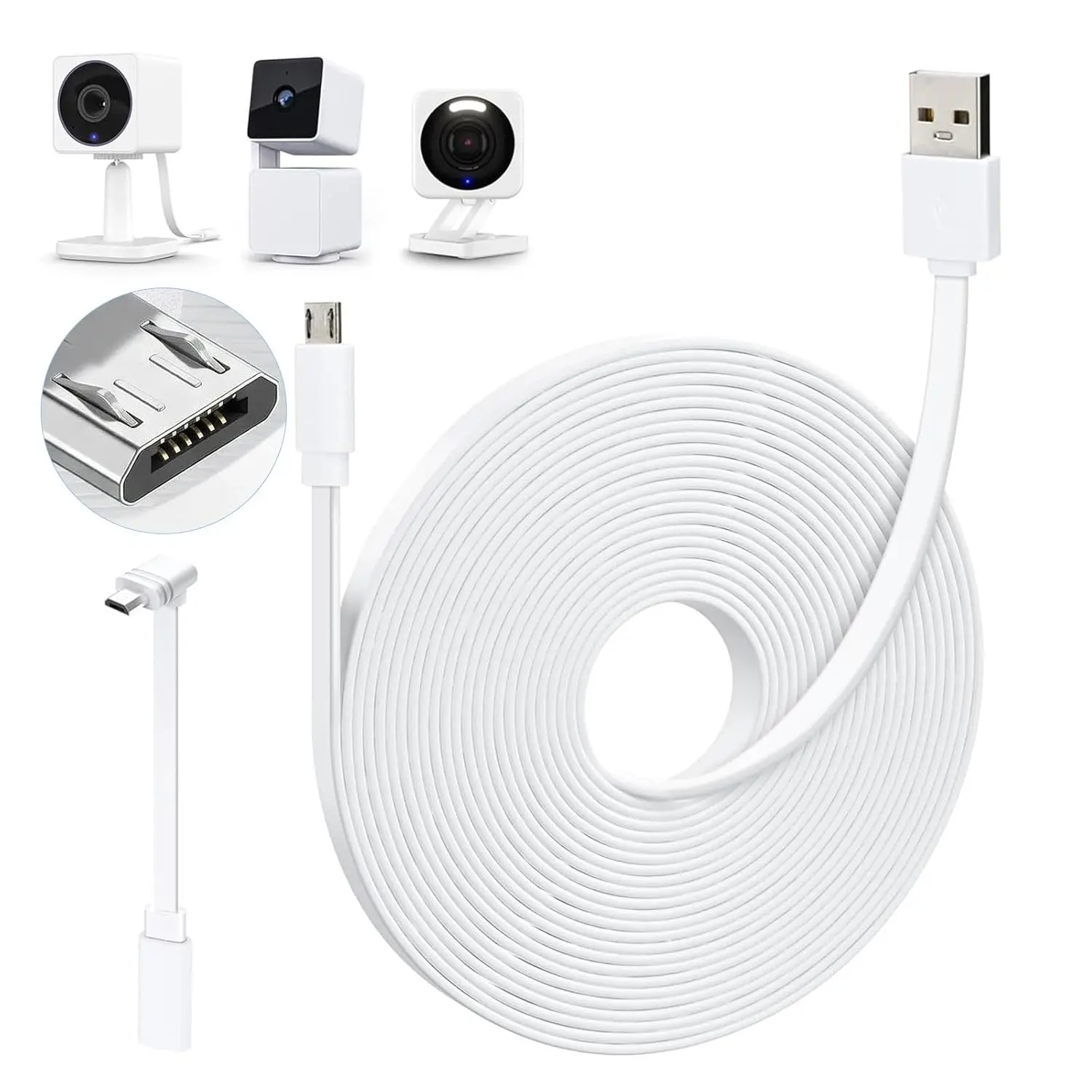 25FT Power Extension Cable Compatible with WYZE Cam OG, Cam V4/V3/V3 Pro, Cam Pan V3/V2, L-Shape Micro USB Extension Cable for WYZE Cam Pan, Weatherproof Flat Power Cord-White