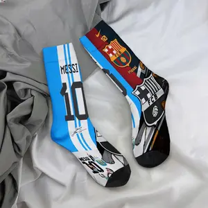 Mid-calf socks, featuring the Messi No. 10 jersey with the football star design, celebrity merchandise, durable socks, unisex socks, perfect for fans, holiday gifts, and birthday presents.