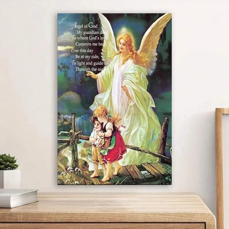 Framed Guardian Angel Of God Poem Canvas Wall Art - Religious Print With Children On Bridge, Christmas Gift, Decoration For Living Room, Bedroom Home Decor