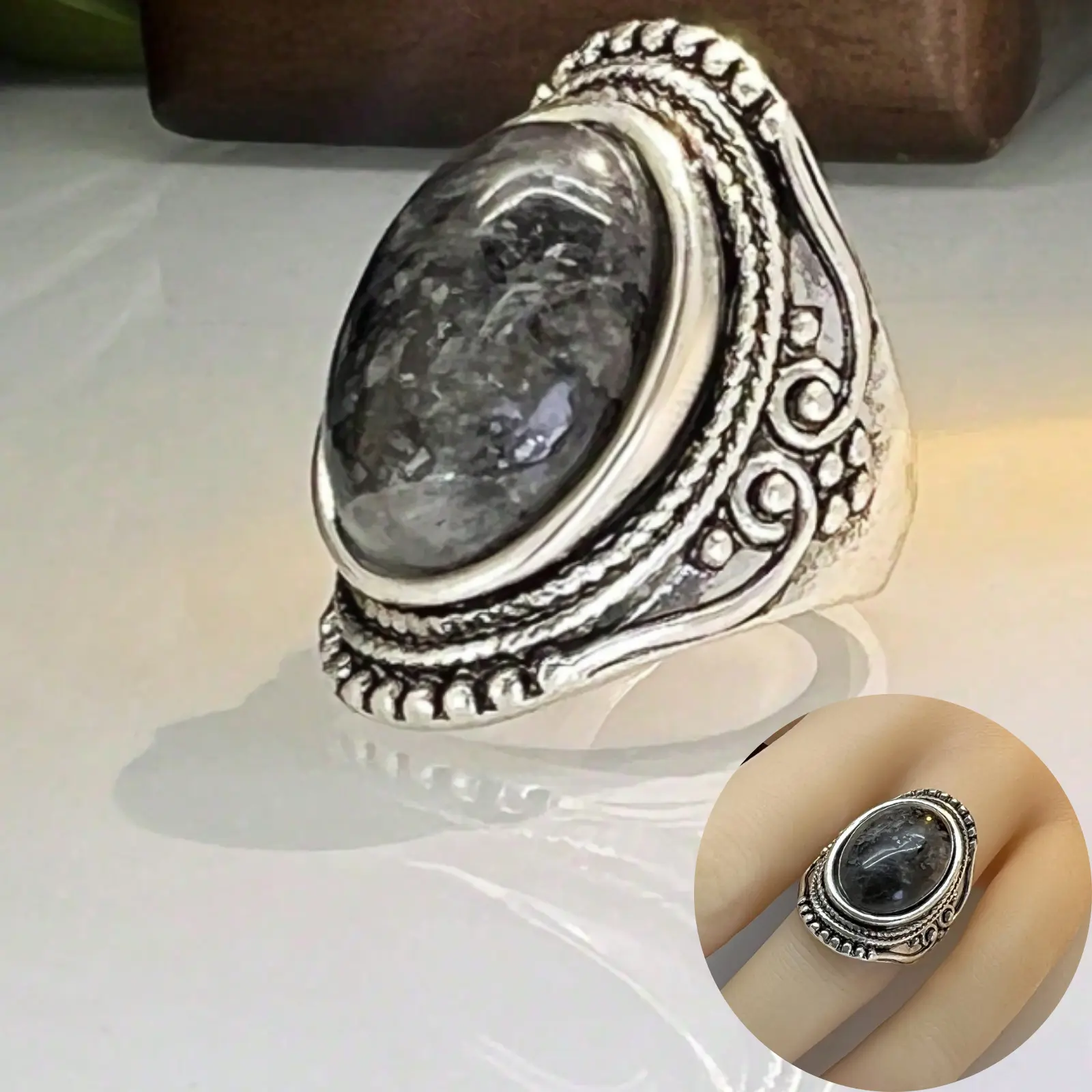 Classic style silver-plated ring with an oval moonstone, suitable as a gift, for parties, or for everyday wear