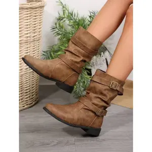 Women’s mid-calf boots with a vintage buckle design, perfect for fall and winter, easy to pair with sweaters, casual PU leather shoes
