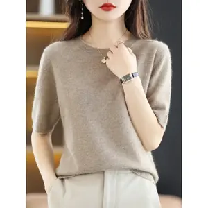 Women’s merino wool–cashmere crewneck knit pullover, short-sleeve, elegant basic fashion top