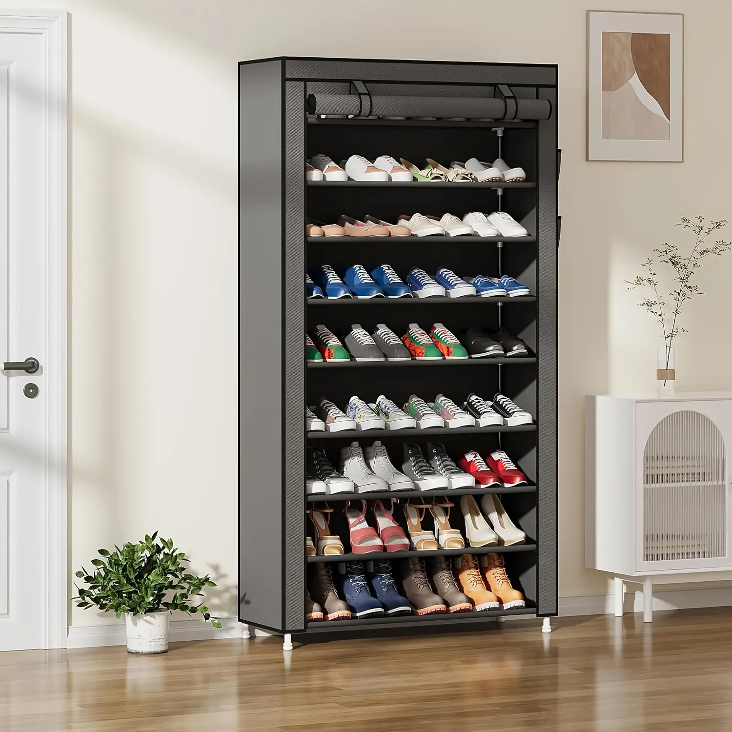 Vertical shoe rack storage organizer with 10/8/6 tiers, space-saving shoe organizer, non-woven fabric cover shoe rack, holds 36–45 pairs of shoes, suitable for bedroom, hallway, closet entrance, gray