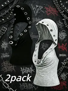 Trendy Gothic Women's Retro Sexy Y2K Music Festival Punk Backless Hooded Tank Top Set, Two-Piece, Fashionable and Stylish