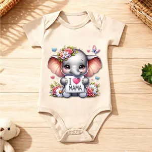 Baby Onesie with "Adorable Elephant and I love MAMA Cartoon Print" 100% Cotton Soft Skin-Friendly Breathable Infant Bodysuit Newborn Romper Snaps Closure Machine Washable Animal Graphic Toddler Clothes Baby Shower Gift Apparel