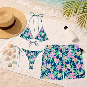 Blossom Tropical Floral Matching Swimwear 2026, Women's String Bikini & Men's Swim Trunks, Colorful Hawaiian Couple Swimsuits, Summer Beachwear, Honeymoon Vacation Outfit