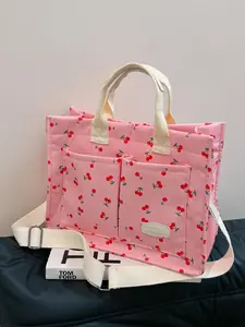 Women's fashion cherry print large-capacity tote handbag, daily multi-pocket crossbody shoulder bag