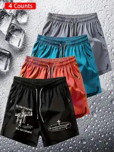 4 Pcs American Faith Shorts, Vintage Trendy, Cross Bible Verse Print, Quick-Dry Breathable Fabric, Unisex Sporty Shorts Set