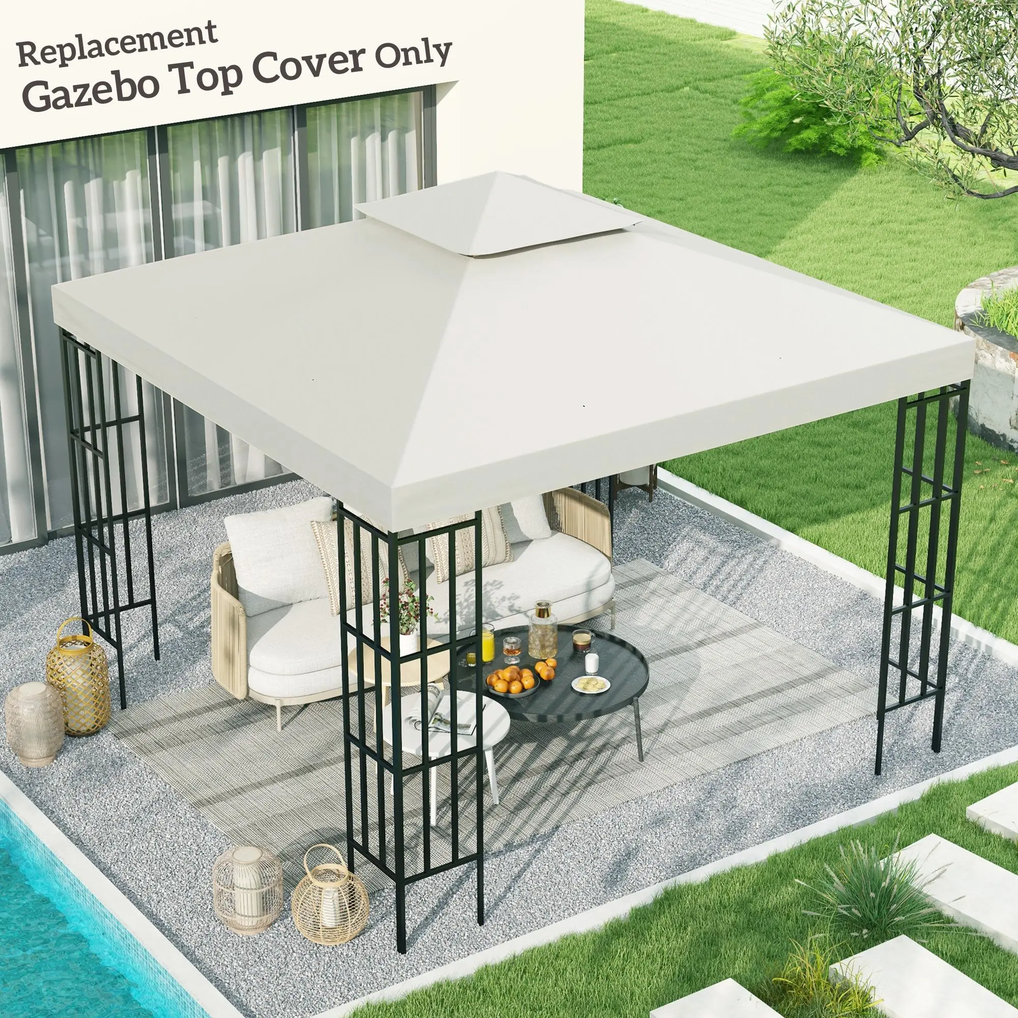 118x118 Inch Replacement Gazebo Canopy Cream White UV Resistant Polyester For 3x3 Meter Frame Outdoor Patio