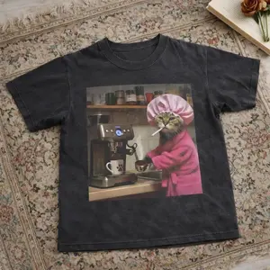 Washed Black Funny Coffee Cat Cotton Casual Graphic Baby Tee – Y2K Vintage Cartoon Aesthetic Top