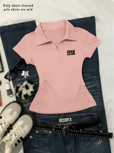 Women's Traditional Vintage Polo Shirt, Slim Fit Short Sleeve V-Neck Top, Casual Summer Wear, Stylish Women's Clothing for Daily Use, Womenswear