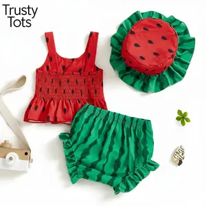 Trusty Tots Girls 3 Piece Watermelon Outfits Sleeveless Button Tops Ruffle Trim PP Shorts Hat Sets Toddler Baby Girl Swimsuits Cute Fashionable Watermelon Dot Sleeveless Ruffle Jumpsuit