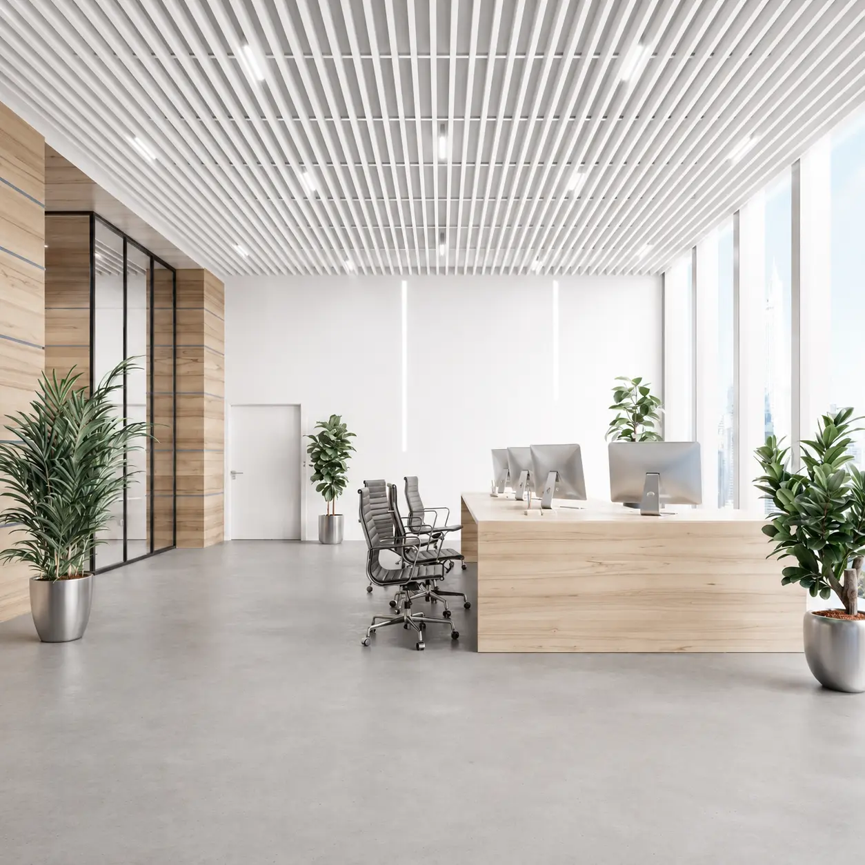 White Textured - Suspended Slatted Wood Drop Ceiling System