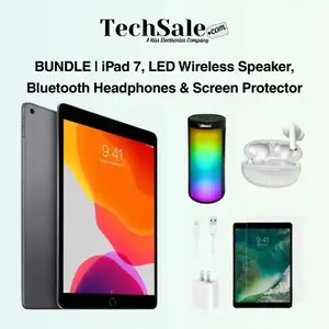Refurbished Apple iPad 7 10.2" (Wifi) Bundle: LED Wireless Speaker, Bluetooth Headphones, & Screen Protector (1 Year Warranty) Excellent Condition