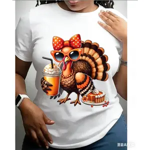 Women's Crew Neck T-Shirt White Thanksgiving Turkey With Sunglasses And Pumpkin Pie Print For Festive Season