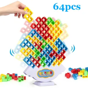 64pcs Balance Tower Game Set, Tetra Balance Tower Game Stacking Team Building Blocks for Age 3+ Kids to Adults, Fun Christmas Party Games, Balance Stacking Toys for Family Games and Travel