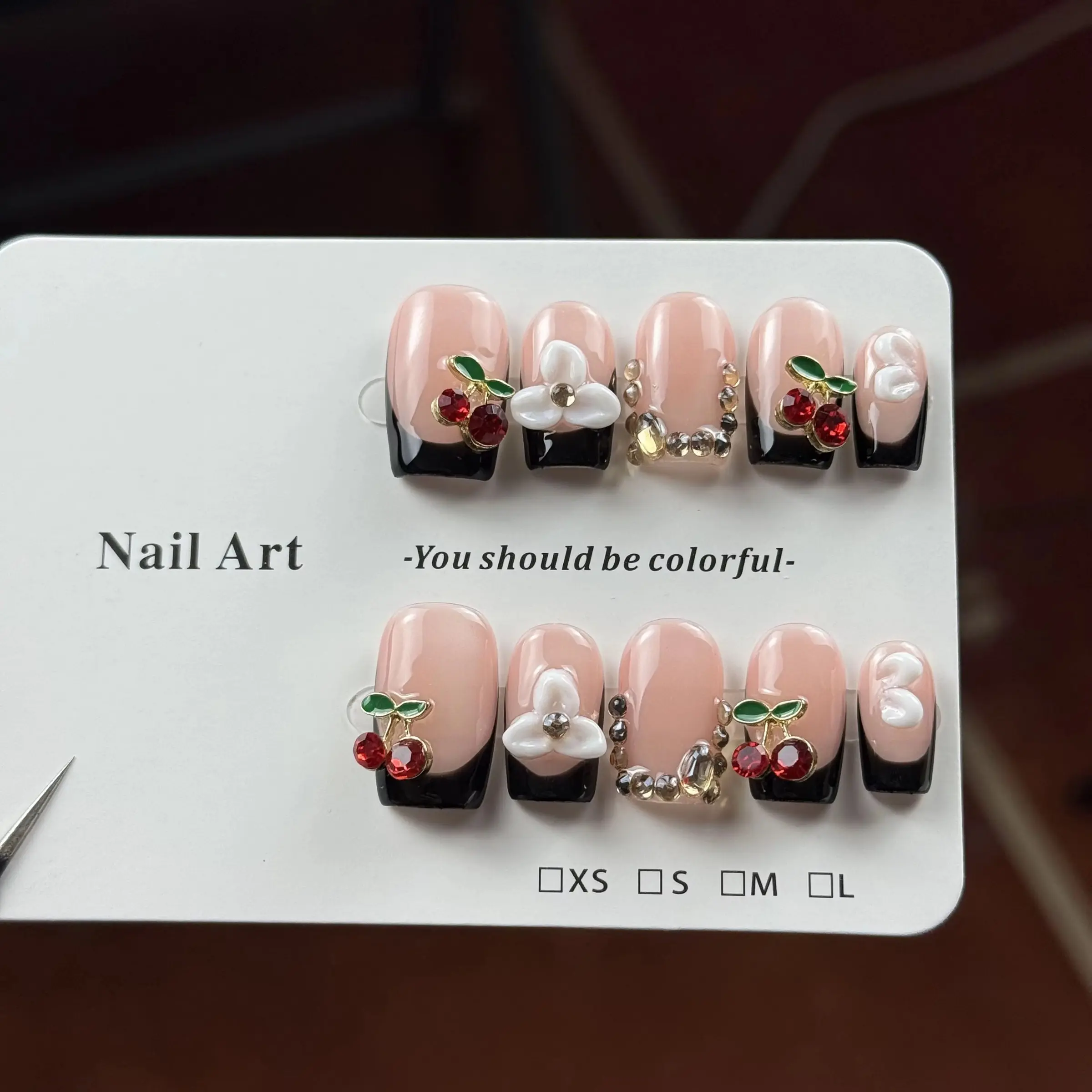 10pcs high-end Black and pink color contrast, hand-painted three-dimensional carvings, cherries, and sparkling pile diamonds, sparkly rhinestones handmade fake nails Glittering Fake Nails Glitter Decorative Nails
