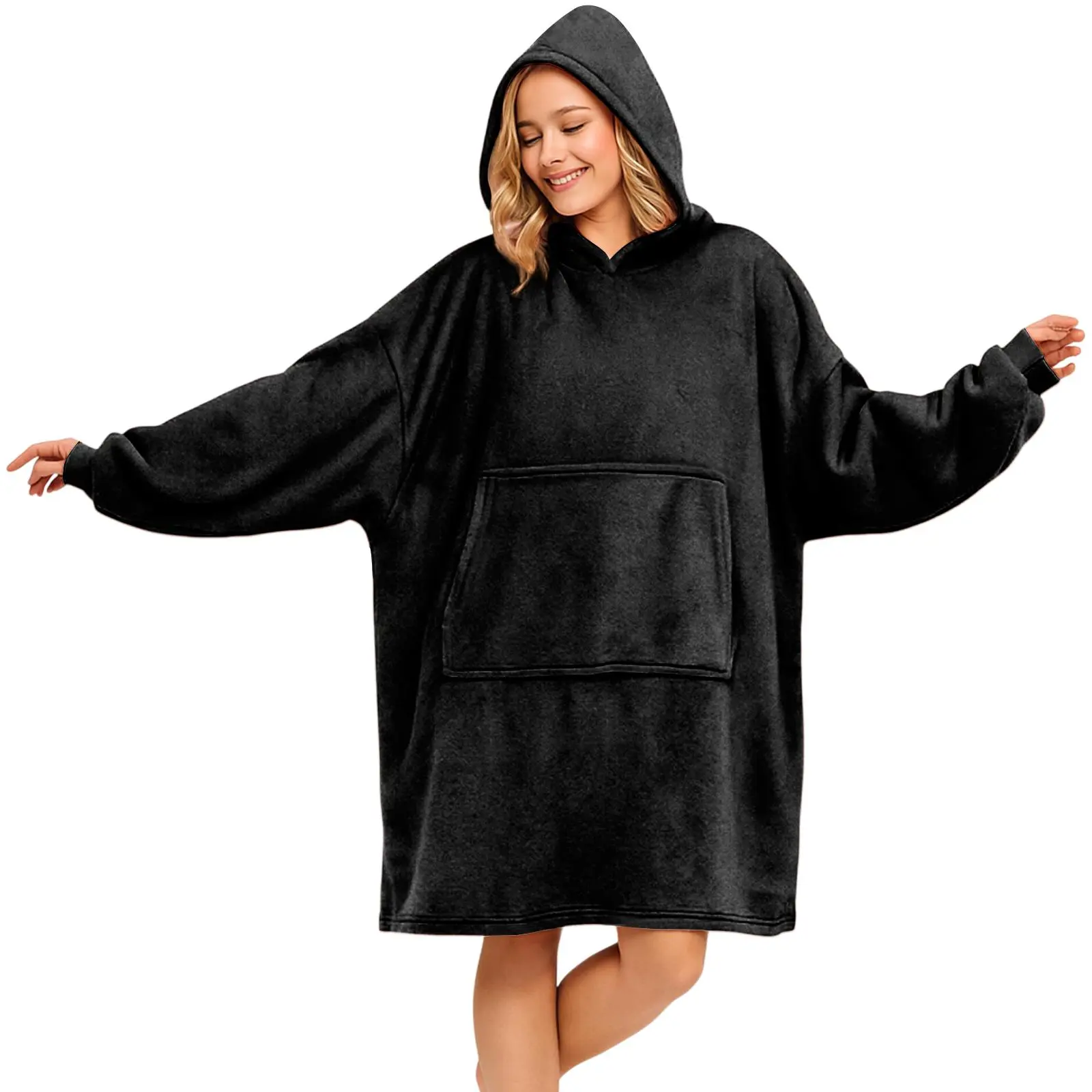 Youself- Women's Outerwear-Style Carpet Robe Solid-Color Flannel Oversized Hooded Blanket Sweater With Kangaroo Pockets Perfect For Home Lounging, Dog Walking, Holiday Outings, And Office Wear Soft Cozy classic stretch