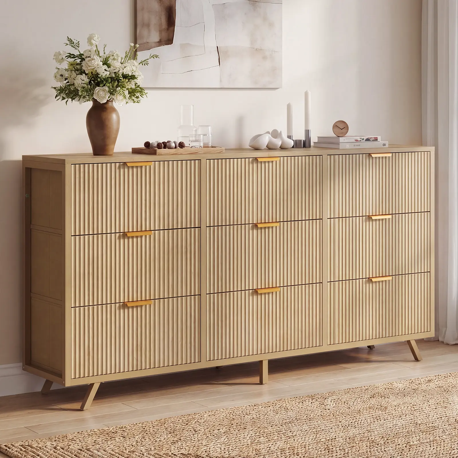 Sweetcrispy 9-Drawer Fabric Dresser Furniture for Bedroom Decor, 57" Fluted Wooden Storage Organizer Cabinet with Reinforced Base, Modern Media Console TV Stand for 35/45/55-Inch TVs (Home Organization Storage Solution)