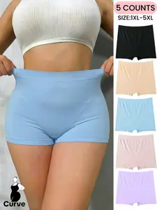 5-Pack Plus Size Women's Panties Soft Comfortable Smooth Mid-Waist Seamless Casual Boxer Shorts, Non-Roll Edge Design, Elastic Waistband for All Seasons