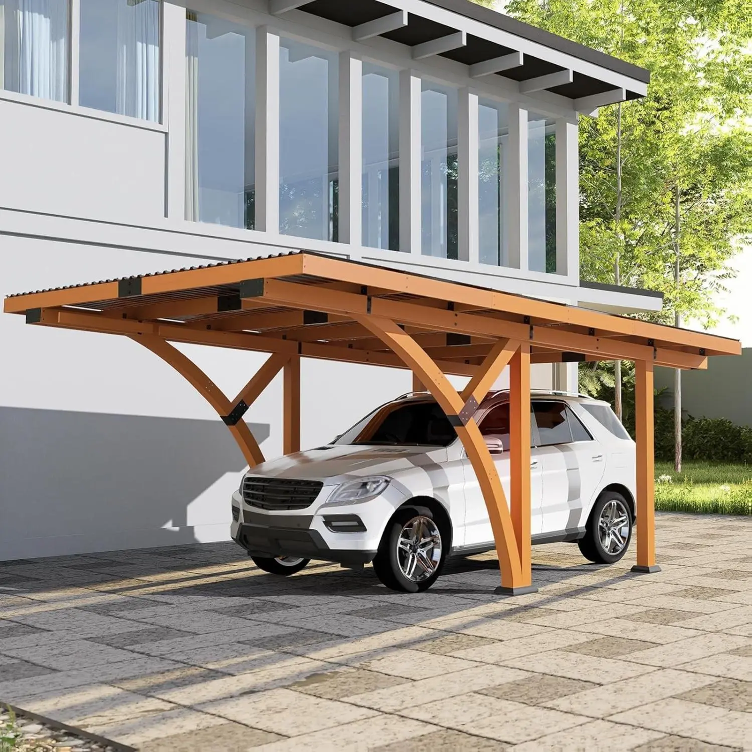 18.3x12.6x7.7 FT Sturdy Pine Wooden Curved Outdoor Gazebo Pavilion, Heavy-Duty Waterproof Outdoor Car Canopy with Hardtop Sloped Steel Roof, 2200 lbs Capacity Shelter for Backyard, Patio
