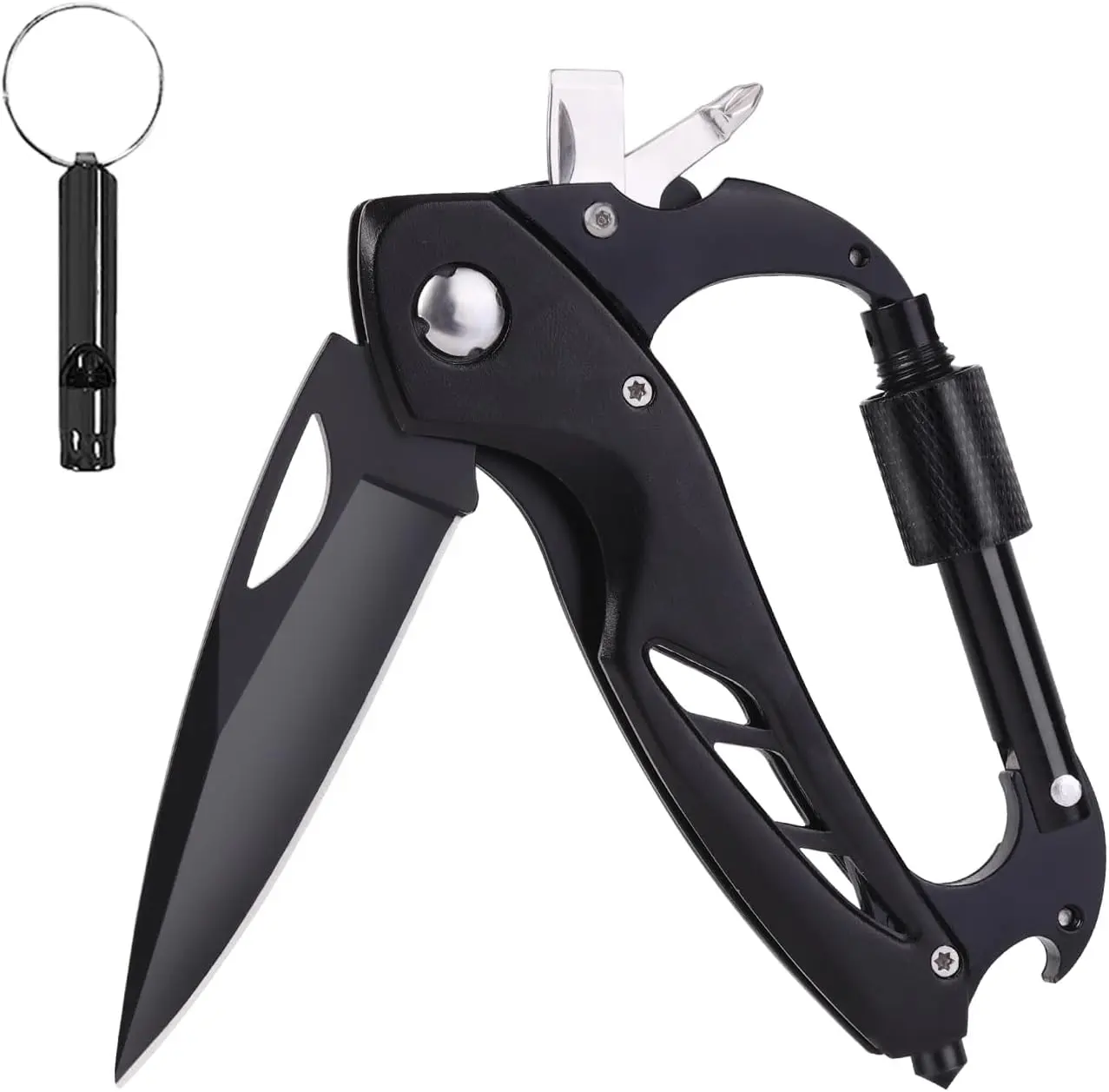 EDC Multitool Carabiner Keychain - Pocket Folding Knife, Whistle, Bottle Opener, Window Breaker, Screwdriver - Tactical Gadgets, Dad Gadgets, Emergency Survival Kit Supplies for Hiking, Light Outdoor Use