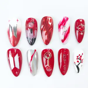 Crystal Fn Handmade Press On Nails For Kpop Fans | 3D Luxury Red Chrome Almond, Reusable Salon Quality Gel Fake Nails | Kpop Gift Valentine Holiday Stiletto Set