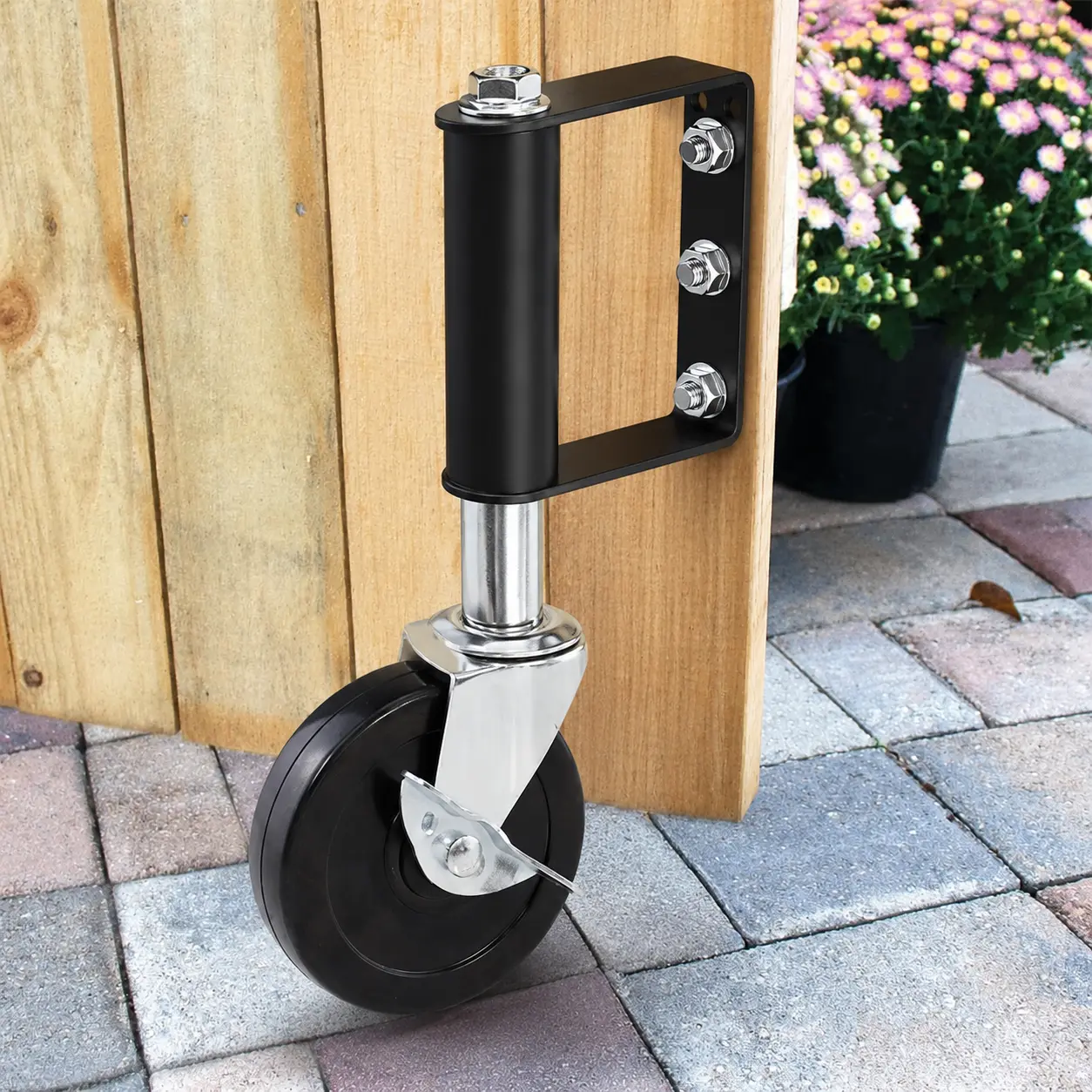 4-Inch Heavy Duty Iron Spring Loaded Gate Caster Wheel with Brake, 360° Swivel Support Wheel (220 lb Capacity) for Wooden Gates/Fences, Concrete/Pavement Use