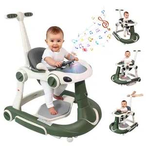 Baby Walker, 4-in-1 Baby Walker with Wheels Portable, Foldable Infant Toddler Walker for Boys Girls 6-18 Month,Removable Footrest,Car Steering Wheel & Music, Adjustable Push Walker