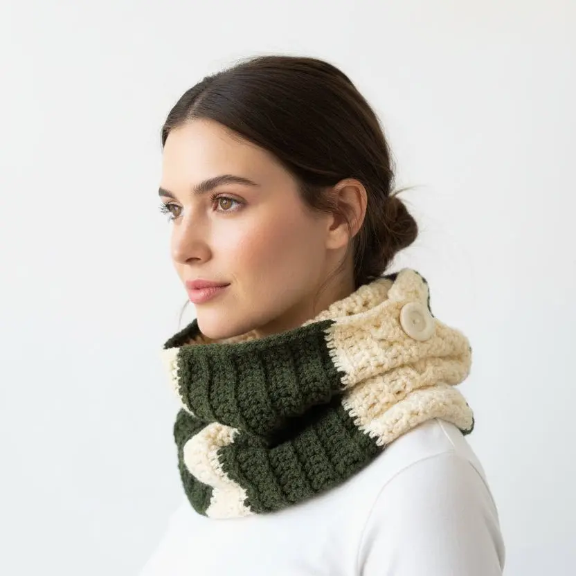 Unisex Adult Crochet Buttoned Cowl Scarf - Soft Yarn Scarf with Button Closure, 1 Size, One Size