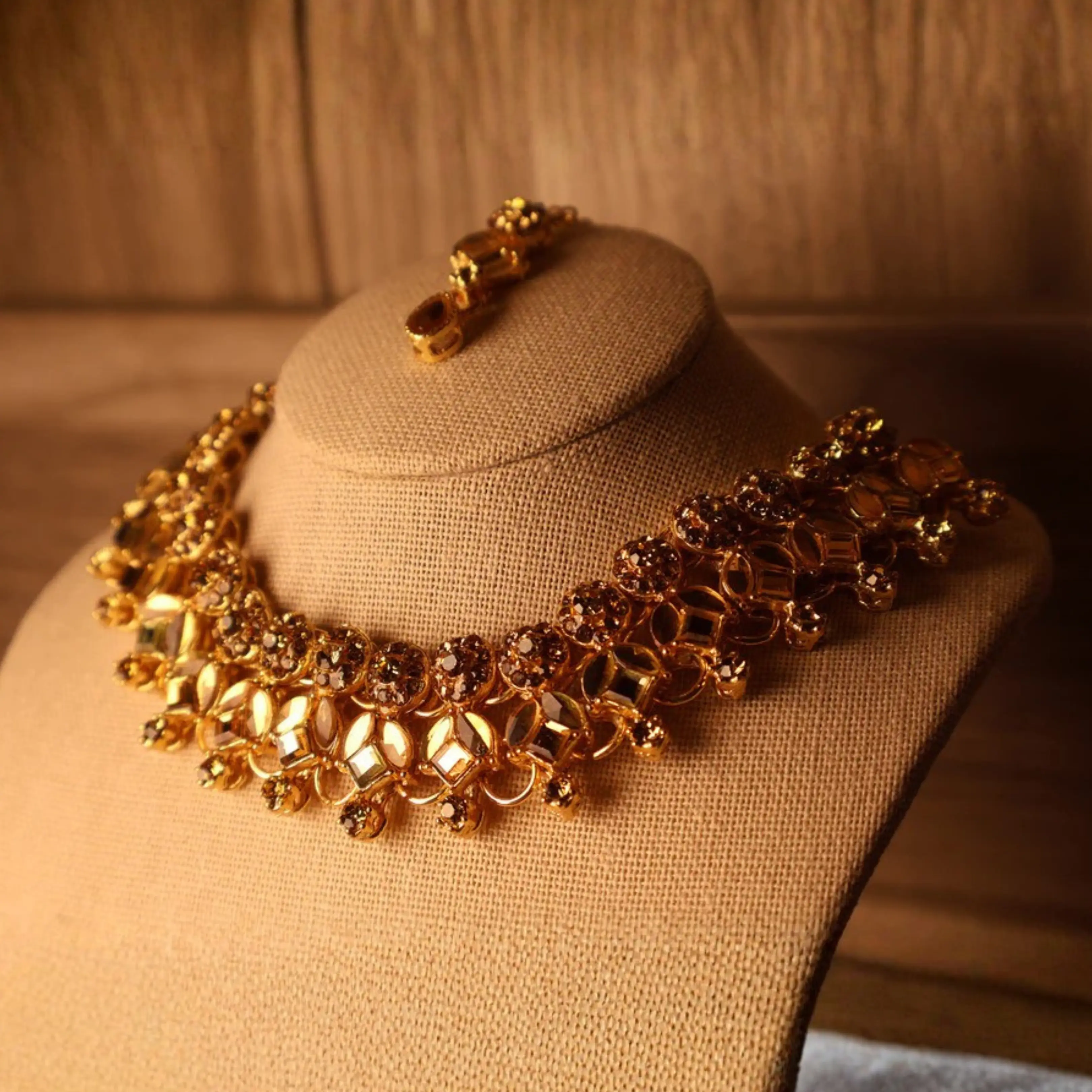 MUMTAZ Champagne & Antique Gold Kundan Necklace Set with Long Earrings & Tikka | Indian Pakistani South Asian Bridal Jewelry
