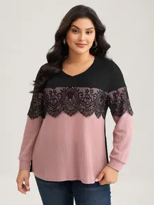 BloomChic Women's V-Neck Crochet Lace Mesh Contrast Patchwork Blouse - Polyester Fabric, Extra-Long Sleeves, Regular Length, Texture Detail Knit Womenswear Top Shirts Vneck Swimweek