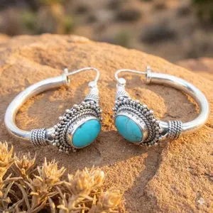 Bohemian Turquoise Earrings, Natural Stone Lightweight Dangle Earrings, 925 Sterling Silver Handmade Jewelry. Elegant Gift for Women, Minimalist Daily Wear, Fine Detail Stacking Earrings Set.