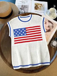 Women's Casual Hollow Out Round Neck Usa Independence Day Flag Pattern Knitted Sleeveless Sweater Vest, Stylish and Comfortable